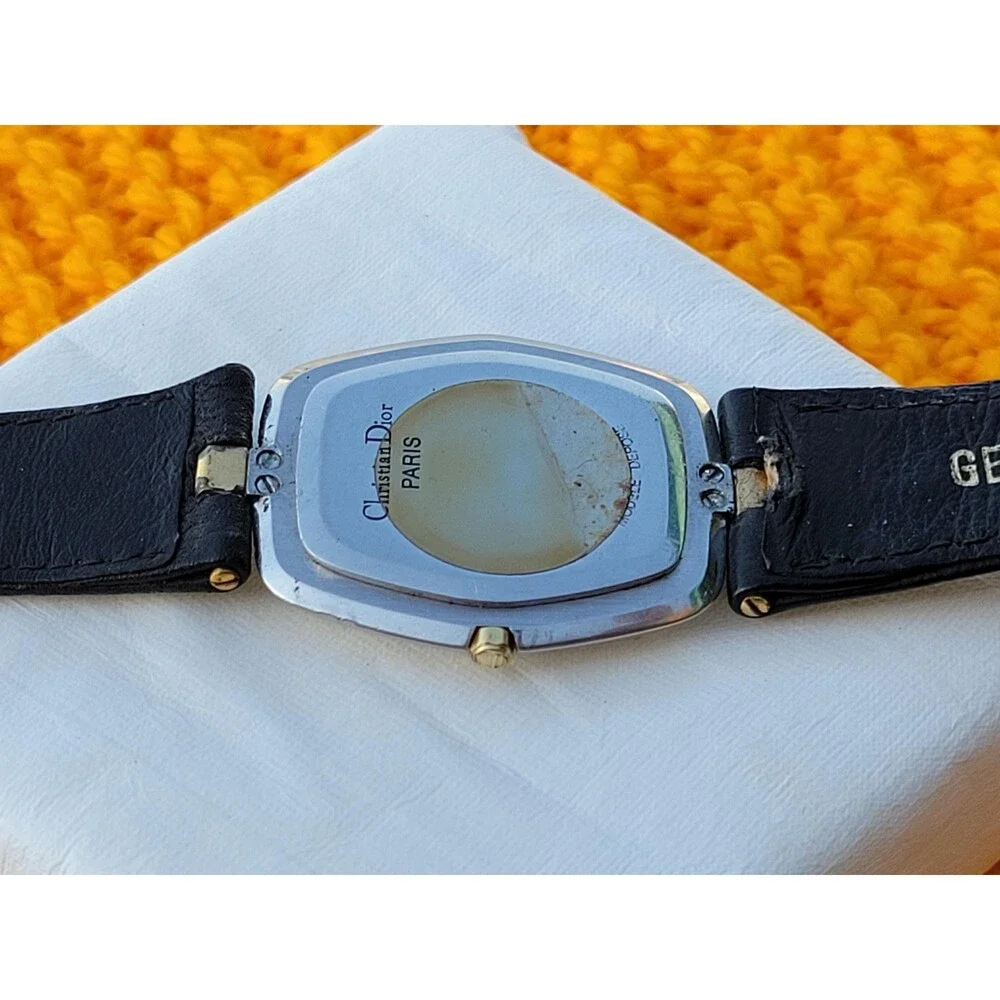 Vintage Christian Dior Quartz Watch Tonneau Hexagon Two Tone Black Dial Leather